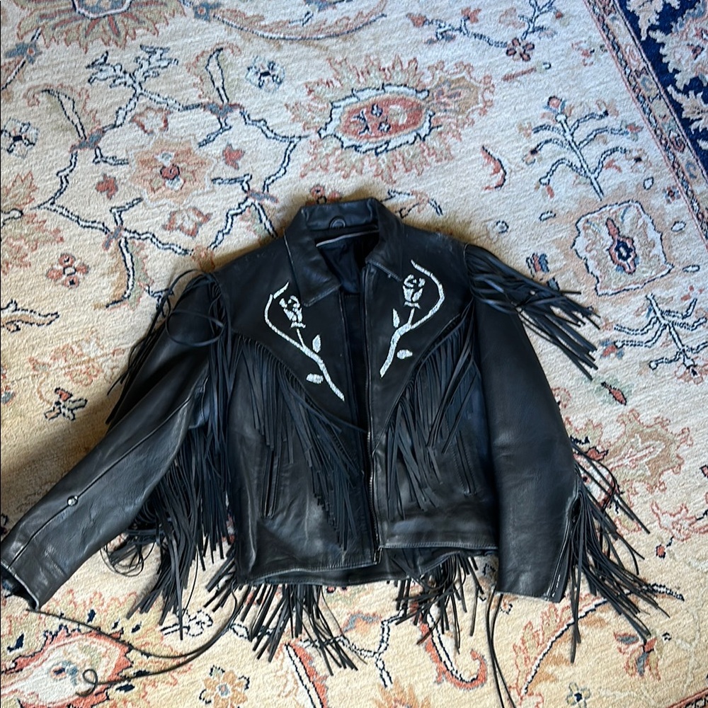 Vintage western Black Leather Fringe Jacket diamond rose